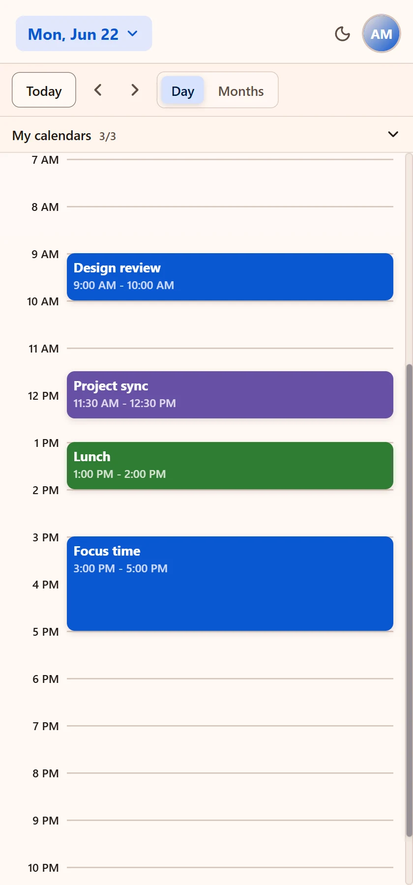 Day view in Caldee with Google, Outlook, and iCloud events