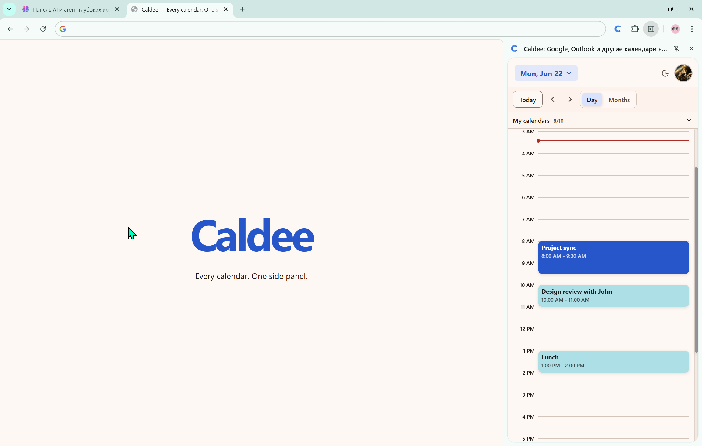 Chrome browser with the Caldee extension open as a side panel next to the current page