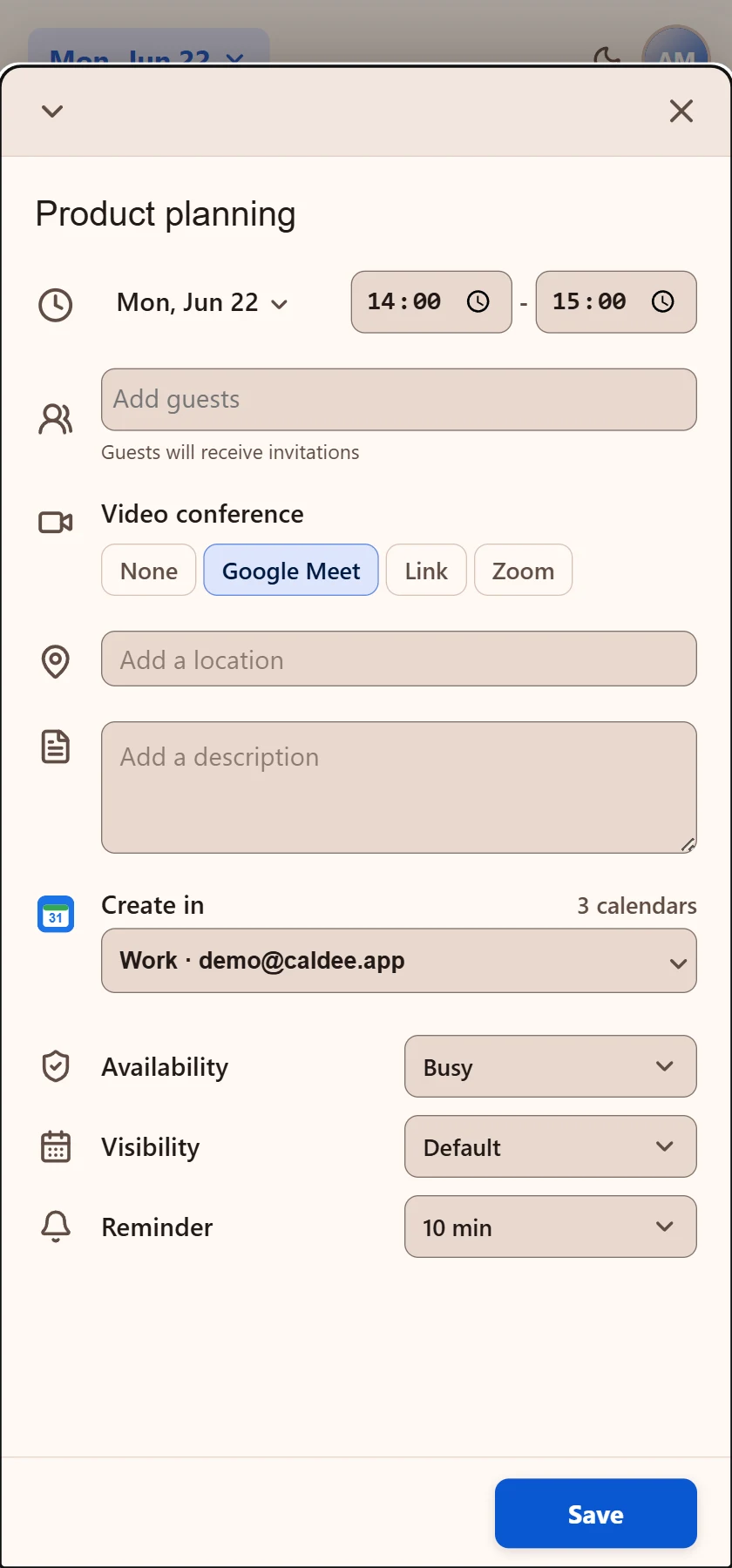 Caldee event editor with Google Meet selected for the video conference
